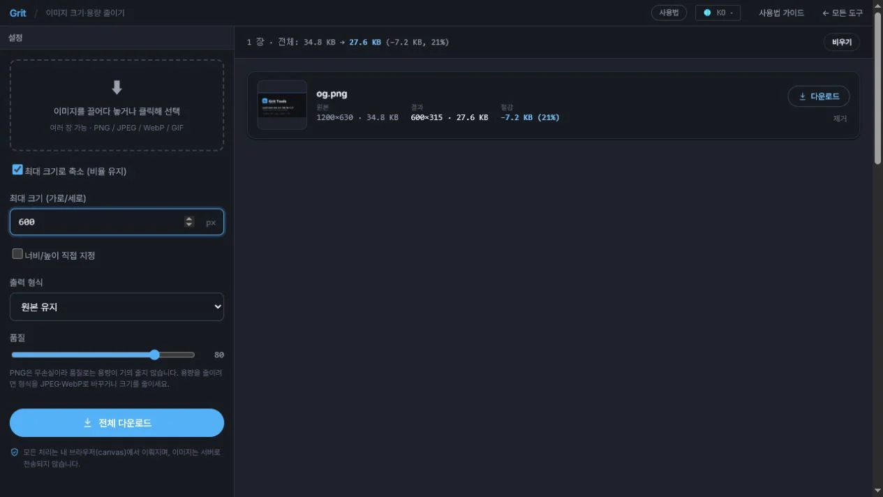 1200픽셀 이미지를 600픽셀로 축소한 크기와 용량 비교